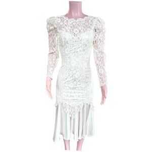 Vintage Cheryl Kaye Lace Satin Dress Drop Waist Long Sleeve Size Small